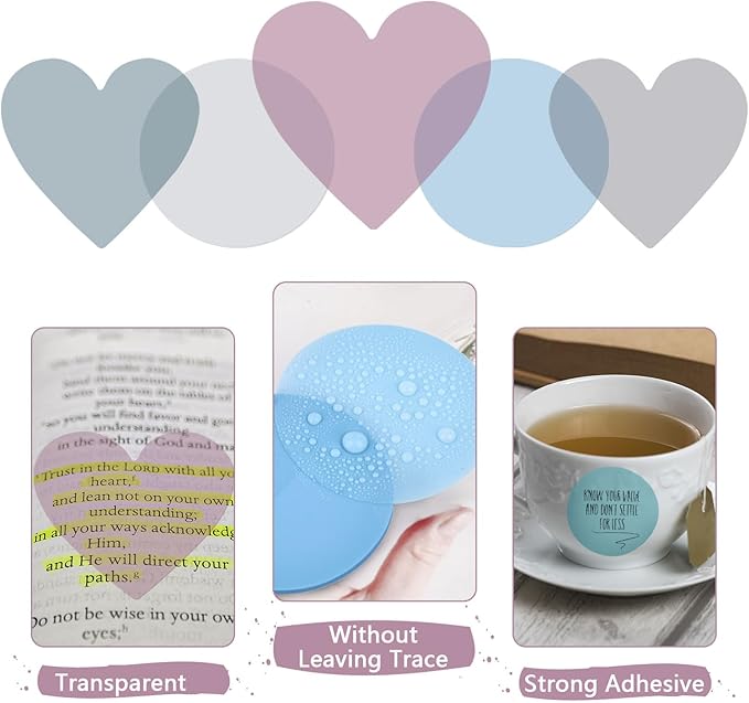 Transparent Sticky Notes, Hommie 480Pcs Morandi Cute Round & Heart Clear Sticky Tabs, Translucent Book Markers Page Flags Stickers, Bible Journaling Accessories Aesthetic Office School Study
