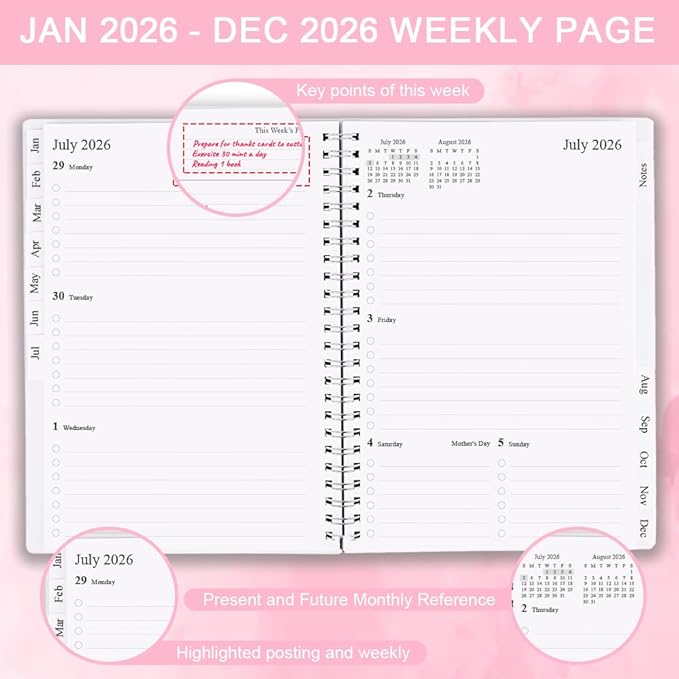 2026 Planner - Monthly Planner Runs January 2026 to December 2026, 6.25" x 8.25", 12 Monthly Tabs, 14 Notes Page, Inner Pocket, Flexible Cover with Twin-Wire Binding, Planners 2026, Pink