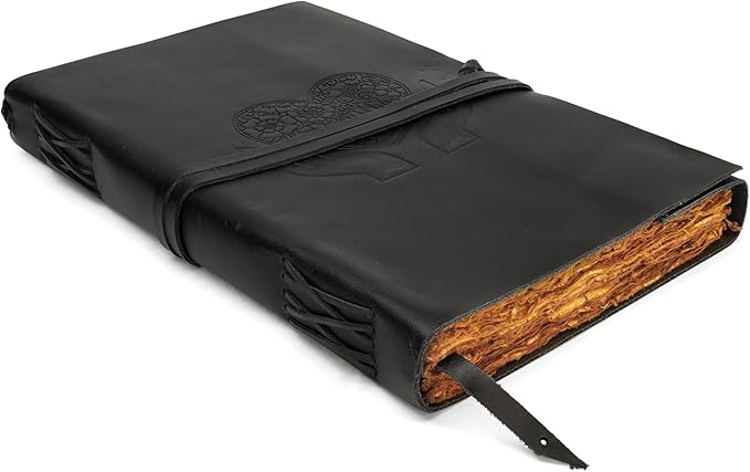 LUXEORIA Heart Journal for Women and Men, Handcrafted Leather Journal for Writing Womens, Sketchbook, Travel Diary with Unlined Deckle Paper, Black 8x13