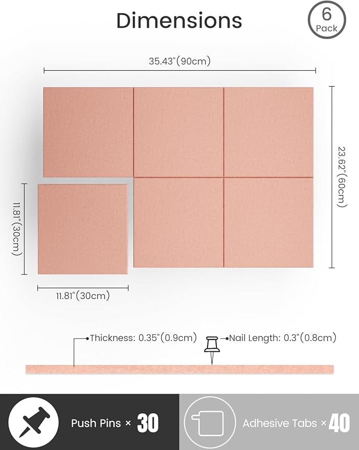 Bumusty Large Cork Board 36"x24" Alternative - 6 Pack Felt Wall Tiles with 40 Safe Removable Adhesive Tabs, 30 Pushpins, Cork Boards for Walls Pin Board Bulletin Board Office Decor (Pink)