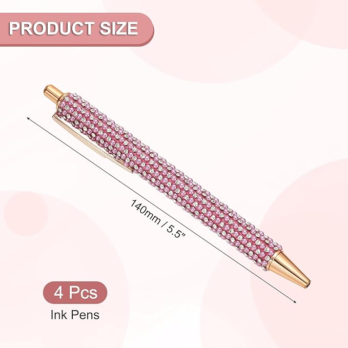 PATIKIL Rhinestone Metal Ballpoint Pen, 4 Pack Crystal Pearl Pens Black Ink 1.0mm Point Sparkly for Women Gift Office Note Taking Journaling, Light Rose Red