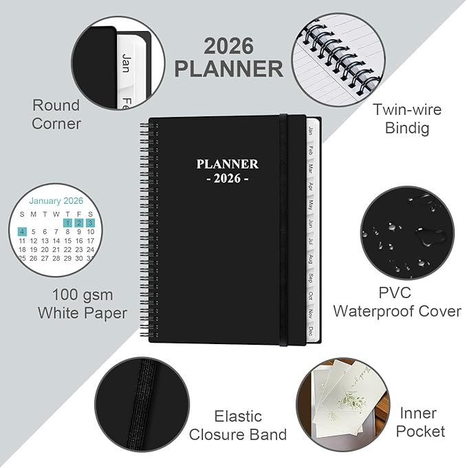 2026 Planner - Planner 2026 from January 2026 to December 2026 with 12 Monthly Tabs, Flexible Cover, Inner Pocket, 8.5" x 11", Black