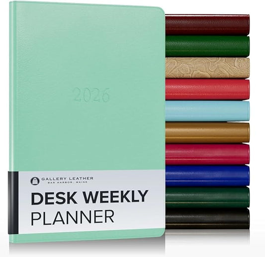 Gallery Leather Desk Weekly Monthly Planner 2025-2026, Elegantly Bound Calendar Planner and Notebook with Stylish Gold-Gilded Page Edges, 12 Months - Caribbean Sea Glass - 8 x 5.5 "