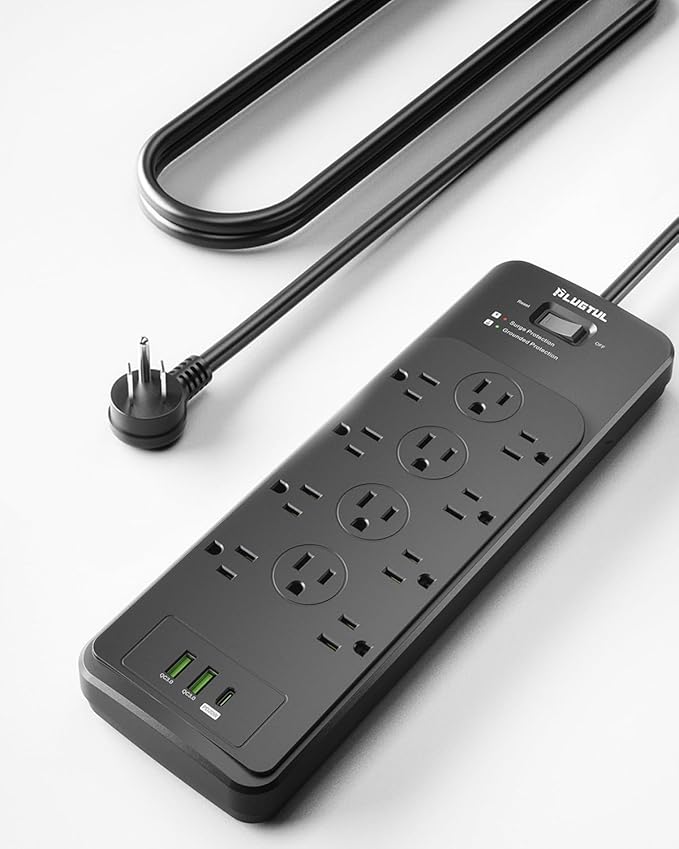 Surge Protector Power Strip 5FT(4080J), Black Surge Protector with 12 Outlets - Spacious Design for Large Plugs, Flat Plug, 20W USB C Charging for Home, Office, ETL Listed