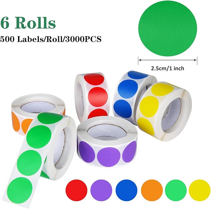 6 Colors 3000 Pieces Dot Stickers Color Code Circle Stickers Can Writing 1 Inch Office Supplies Stationery Sticker Garage Sale Sticker (6 Rolls, 500 Labels/Roll)