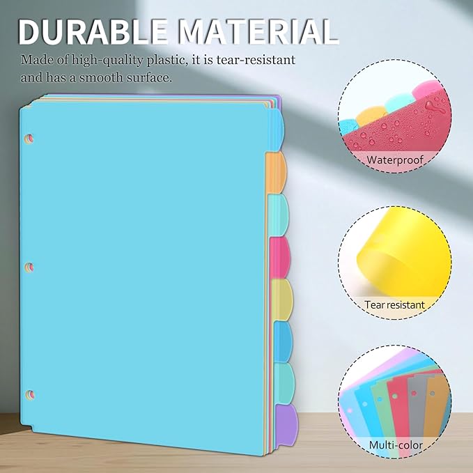 8-Tab Plastic Dividers for 3 Ring Binders, Write & Erase, Folder Dividers with Tabs for 8.5 x 11'' Letter Size Papers, Assorted Color, 2 Set
