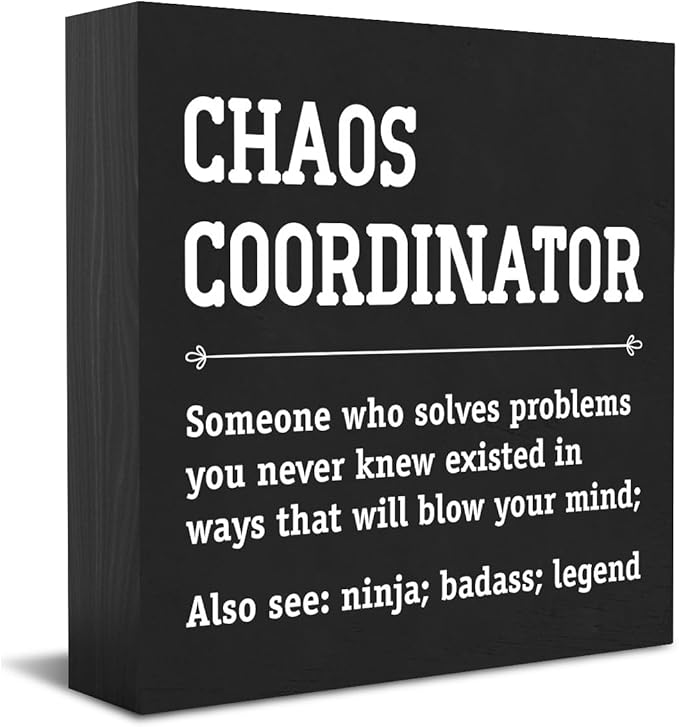 HTBIG Chaos Coordinator Thank You Gifts Office Decor Funny Motivational Desk Decor Gifts for Coworkers Boss Manager Appreciation Rustic Wooden Box Sign for Table top Office Bookshelf Black