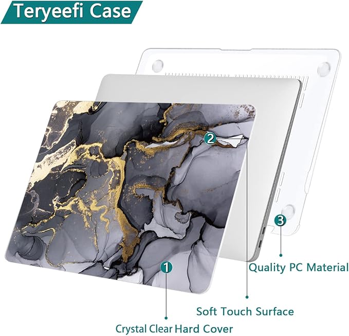 Teryeefi Compatible with MacBook Pro 13 inch Case M1 M2 Chip A2338 A2289 A2251 A2159 A1989 A1706, Plastic Hard Shell & Keyboard Cover for 2016-2020 2022 MacBook Pro 13 Touch Bar,Gray Marble