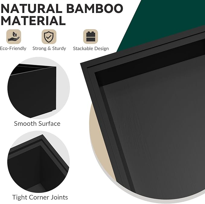 Bamboo Drawer Organizer, Cutlery Silverware Organizer for Kitchen Drawer, Stackable Utensil Organizer, 2 Pcs Flatware Organizer, Wooden Storage Box Tray (Black, 9 X 6 X 2 Inch)