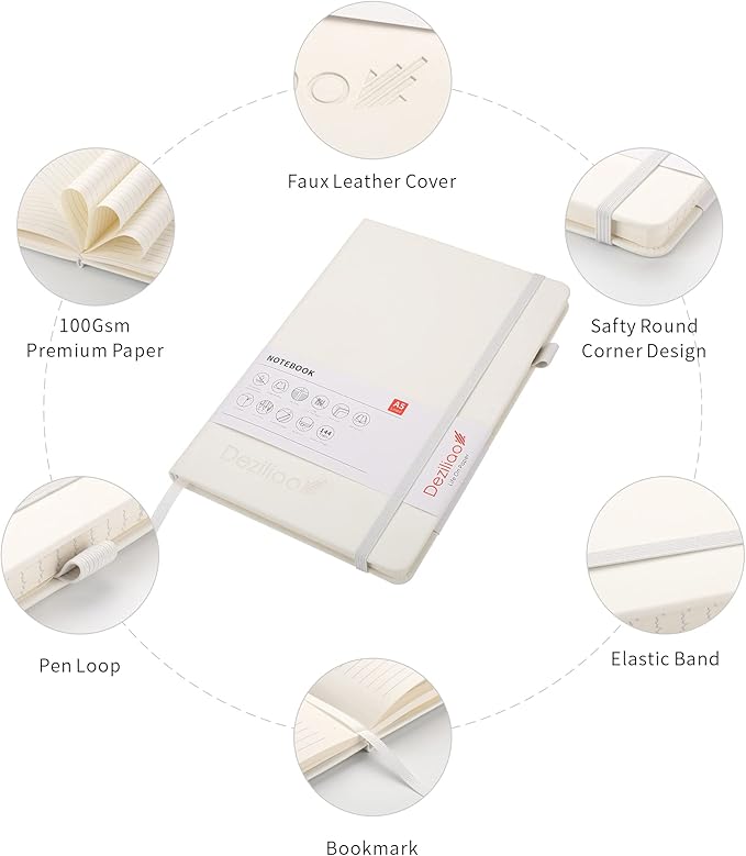 Deziliao Lined Journal Notebooks with Pen Loop, Hardcover Notebook Journal for Work, 100Gsm Premium Thick Paper with Inner Pocket, Medium 5.7"x8.4", （White, Ruled）