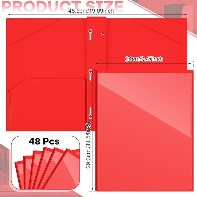 Henoyso 48 Pcs Plastic Folder with Clear Front Pocket and 3 Prongs Heavy Duty Plastic Folders with Card Slot Pocket Folders with Prongs for School Office Home(Red)