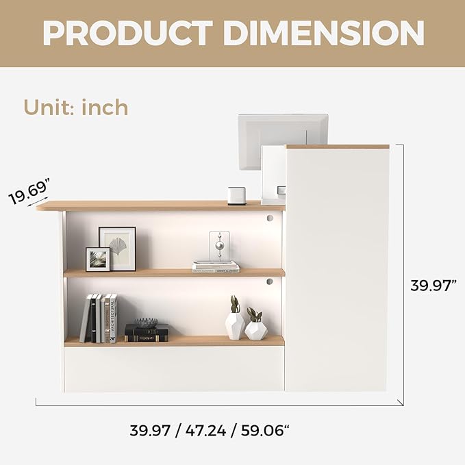Modern Reception Desk with LED Lights - 59" Front Desk Reception Counter with Dual Display Shelves & Hidden Cable Management, Lockable Drawer & Storage Cabinet for Office, Salon, Spa, Retail, Right