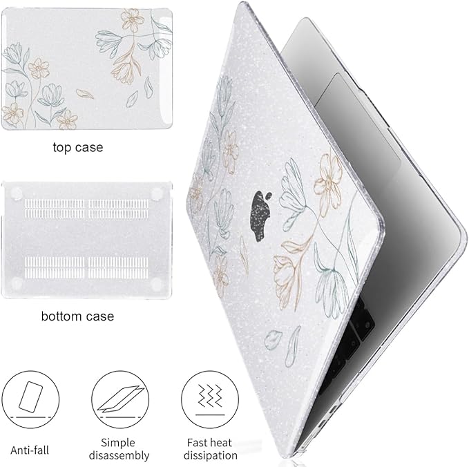 Compatible with 2025 MacBook Air 13.6 inch Case M4 A3240 Cover, Shiny Pattern Plastic Hard Shell Case Keyboard Skin for Mac Air 13.6 M2 A2681 M3 A3113 2024-2022 Release, Line Flower