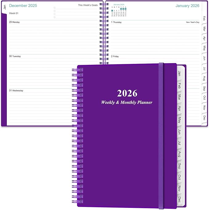 2026 Planner - Planner 2026 from January 2026 to December 2026 with 12 Monthly Tabs, Flexible Cover, Inner Pocket, 8.5" x 11", Purple-B