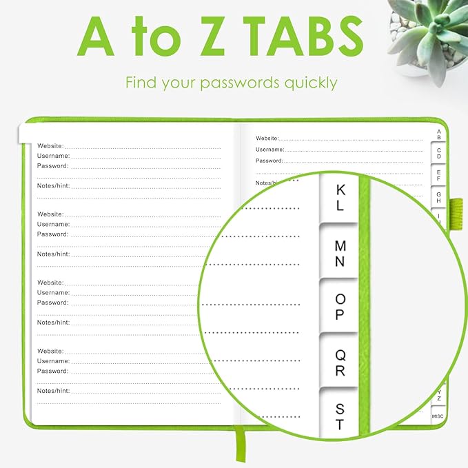 Elegant Password Book with Alphabetical Tabs - Hardcover Password Book for Internet Website Address Login - 7" x 10" Password Keeper and Organizer w/Notes Section & Back Pocket (Green)