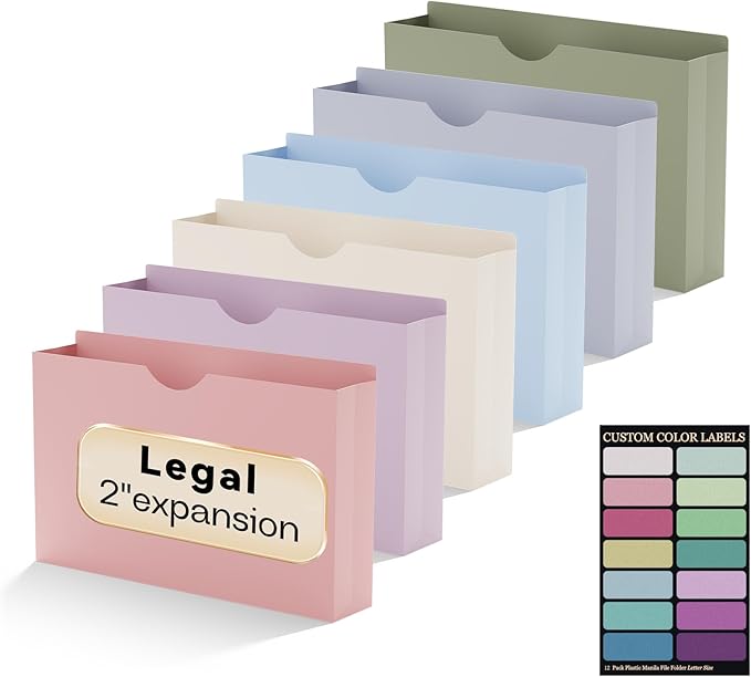 Plastic 2 Inch Manila File Jackets,Legal Size,12 Pack Manilla Pocket Folders,Expandable File Jackets for Document,Expansion Pocket,Straight Cut Tab,Poly Project File Jacket,Pastel Color