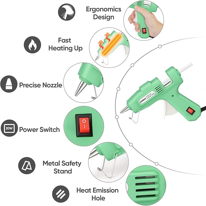 ROMECH 20W Mini Hot Glue Gun with 30 Glue Sticks Set, Fast Preheating 20W Hot Glue Gun Kit Heavy Duty Gluegun for Craft, DIY, Repairs (Green)