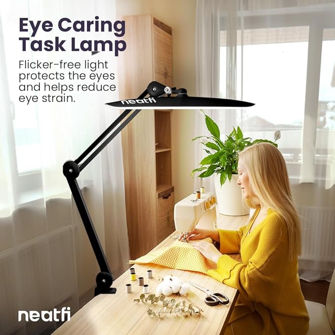 Neatfi XL 2,200 Lumens LED Task Lamp, 20W, 182 Pcs SMD LED, Dimmable, 4 Level Brightness, 3 Light Modes, Desk Light for Home, Office, Workbench (CCT, Black)