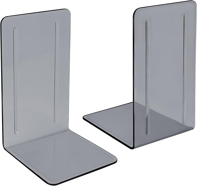 Acrimet Bookends 1 Pair, Clear Plastic Bookends for Shelves or Desktop, Book Holder for Home, Office, Library, School (Clear Smoke Color)