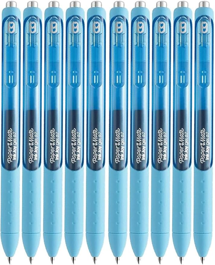 Paper Mate InkJoy Gel Pens, Bright Blue Ink, Medium Point (0.7mm), 10 Count, Bundle with Plastic Reusable Pouch