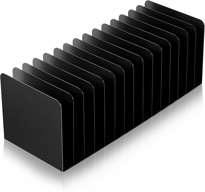 Suzile Metal Desktop File Organizer, 15 Compartments, Vertical File Sorter, Black, 5.79" W x 15.75" L x 5.41" H, Office, Reception Areas, Workspace
