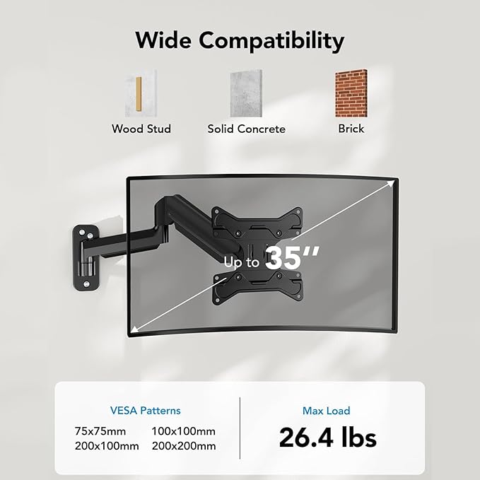 HUANUO Computer Monitor Wall Mount for 22 to 35 inch Flat Curved Screens, Single Wall Mount Monitor Arm Holds up to 26.4lbs, Height Adjustable Full Motion Gas Springcore Vesa Mount, Max 200x200mm