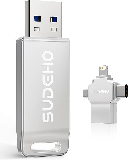 MFi Certified Photo Stick 512GB USB Flash Drive for iPhone, 4 in 1 External Memory Thumb Drive for Picture Video Saver and Backup, High Speed Memory Stick USB Drive for iPhone/iPad/Android/PC (Silver)