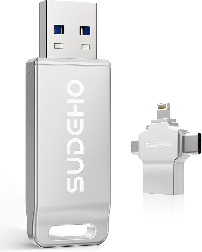 MFi Certified Photo Stick 256GB USB Flash Drive for iPhone, 4 in 1 External Memory Thumb Drive for Picture Video Saver and Backup, High Speed Memory Stick Pen Drive for iPhone/iPad/Android/PC (Silver)