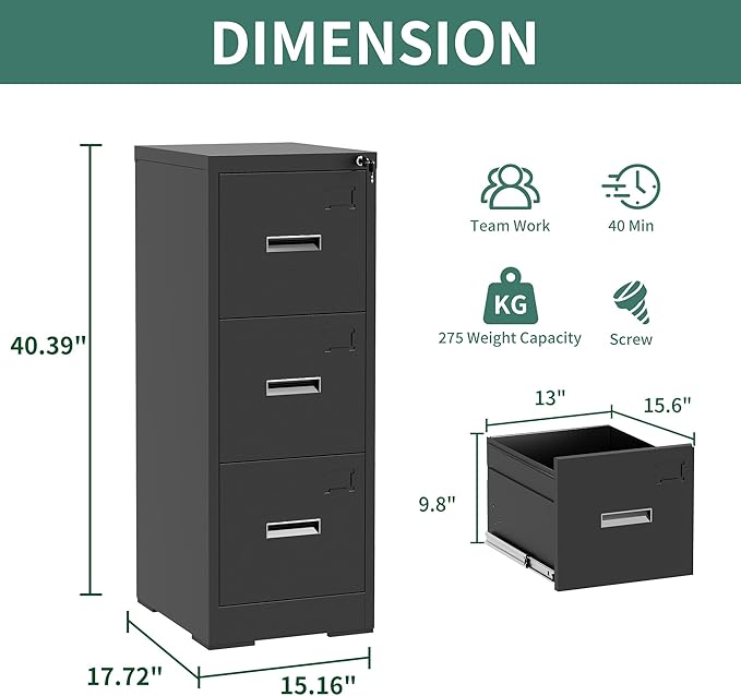Black 3 Drawer File Cabinets with Lock, Heavy Duty Metal Storage Cabinets, Vertical Filing Cabinet for Home Office, Steel Cabinet for Letter Legal Size Files, Assembly Required