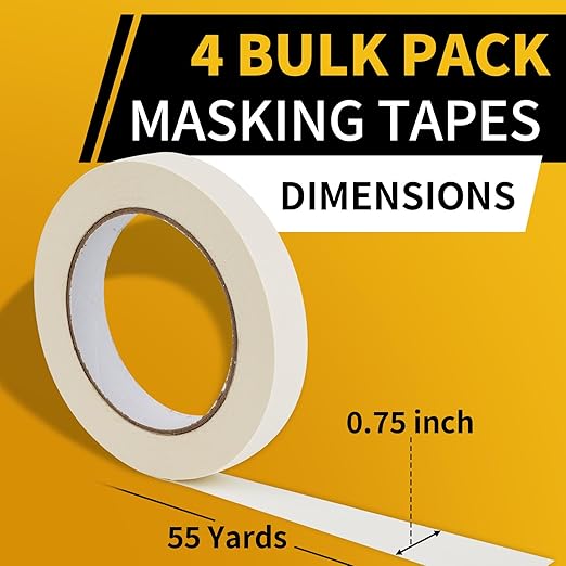 Masking Tape, 0.75 inch Wide Painters Tape, 4 Pack Strong Adhesive Labeling Tape, Beige White, 55 Yards per Roll (220 Total Yards) for Home, Office, Labeling, School, DIY, and Crafts