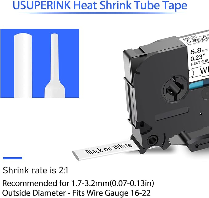 USUPERINK 5 Pack Compatible for Brother Ptouch HSe-211 HSe211 HS-211 HS211 Black on White (0.23''x 4.92ft) Heat Shrink Tube Label Tape use in PT-D400 PT-D450 PT-E300 PT-E500 H300 Label Maker