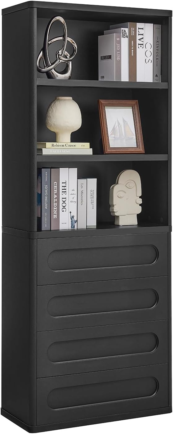 Bookcase with 4 Drawers, 72.1" Tall Bookshelf with 3 Storage Shelves, Large Bookshelves Cabinet for Living Room, Bedroom, Home Office (Black)