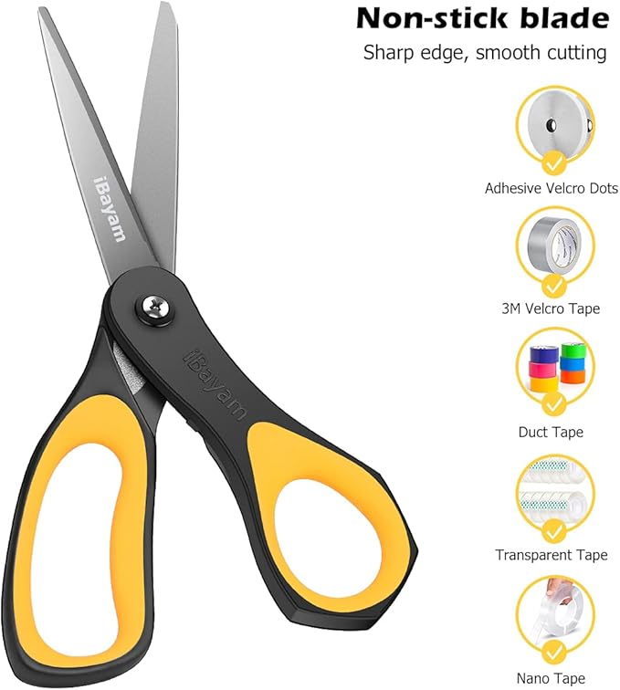 Scissors, iBayam 3 Pack 8" All Purpose Nonstick Scissors, 2.5MM Thickness Titanium Blades with Comfort Grip, Heavy Duty Shears for Office School Home Classroom General Use Art and Craft DIY Supplies