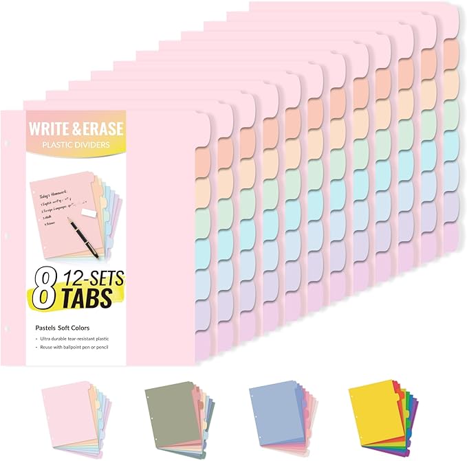 Sooez 8 Tabs Long-Lasting Plastic Write & Erase Large Tabs Dividers for 3 Ring Binder, Aesthetic Cute Pastels Binder Dividers for Student, Teacher, Office, Home Organizers, 12 Sets, Pastels Color