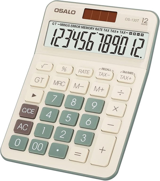 Desktop Calculator Large LCD Display 12 Digit Number Big Button Tax Financial Accounting Calculator, Battery and Solar Powered, for Desk Office Home Business Use(OS-130T Green)