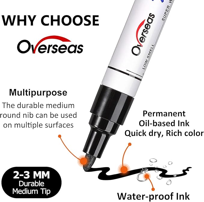 Overseas Permanent Paint Pens Red Markers - 2 Pack Single color Oil Based Paint Markers, Medium Tip, Quick Drying and Waterproof Marker Pen for Metal, Rock Painting, Wood, Plastic, Canvas, Mugs
