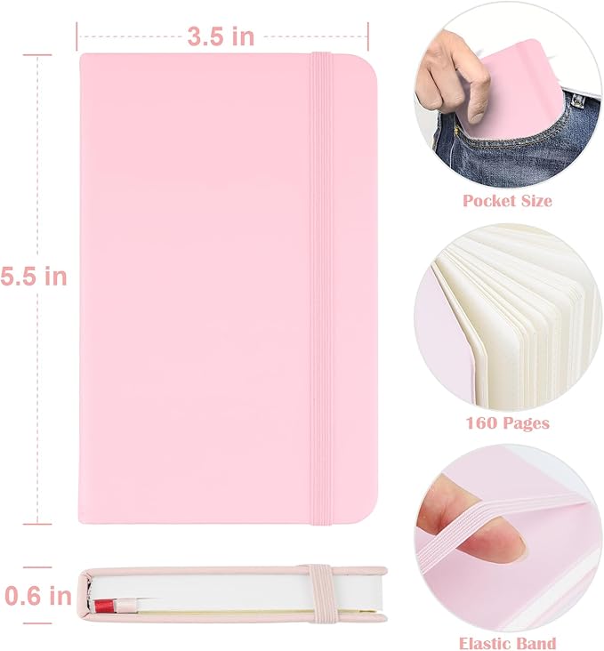 Pocket Dotted Notebook, 2-Pack Dot Grid Notebook, Dotted Journal with Stickers, 3.5" x 5.5" Hardcover, Small Mini A6 size, 160 Pages, 100 gsm Thick Paper, Blush Pink, Sky Blue