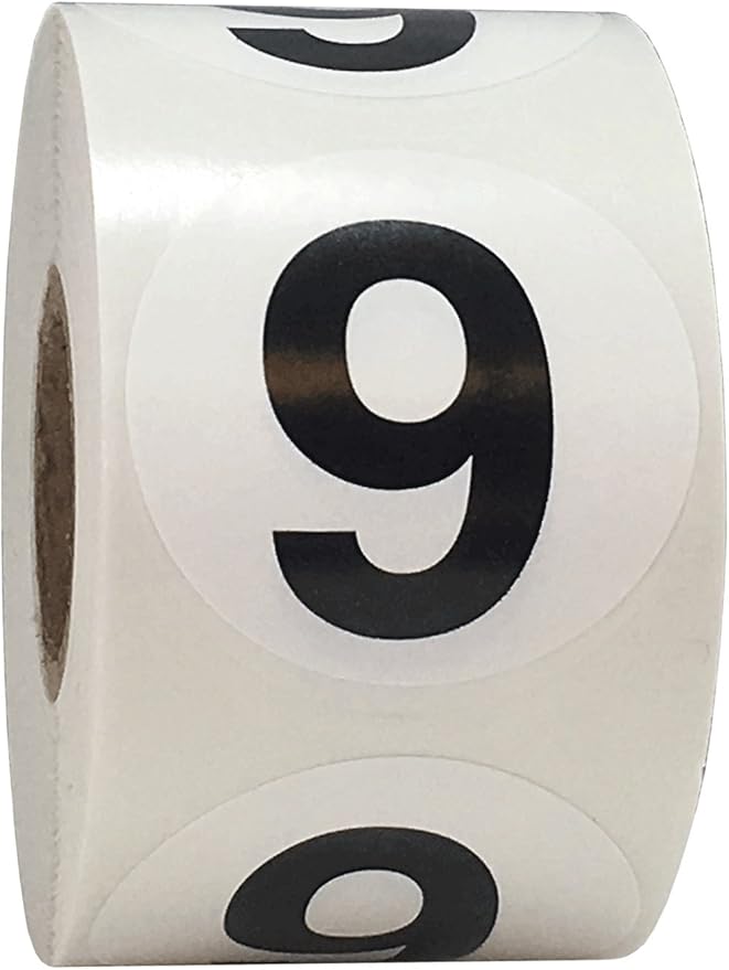 Black Number 9 Circle Stickers, 1.5 Inches Round, 500 Labels on a Roll for Inventory, Storage Bins, Retail Shelving, and Classroom Organization, Made in The USA
