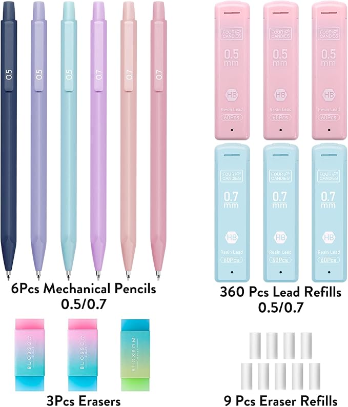 Four Candies Cute Mechanical Pencil Set, 6PCS Pastel Mechanical Pencils 0.5 & 0.7mm with 360PCS HB Leads, 3PCS Erasers and 9PCS Eraser Refills, Aesthetic School Supplies for Girls Writing