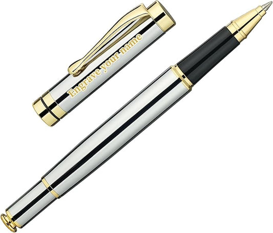 BEILUNER Personalized Ballpoint Pens, Stunning Bright Silver Chrome Metal Pen with Golden Trim, Fancy Ball Pen Gift Set for Men & Women, Graduation,Office, Nice Gift Box with 0.5mm Black Spare Refill