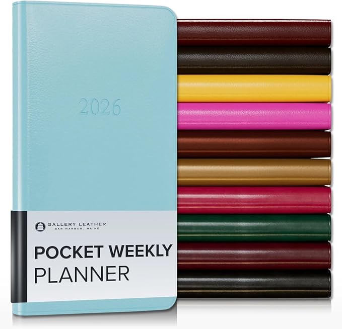 Gallery Leather Pocket Weekly Monthly Planner 2025-2026, Elegantly Bound Calendar Planner and Notebook with Stylish Gold-Gilded Page Edges, 12 Months - Caribbean Aqua - 6 x 3.25 "