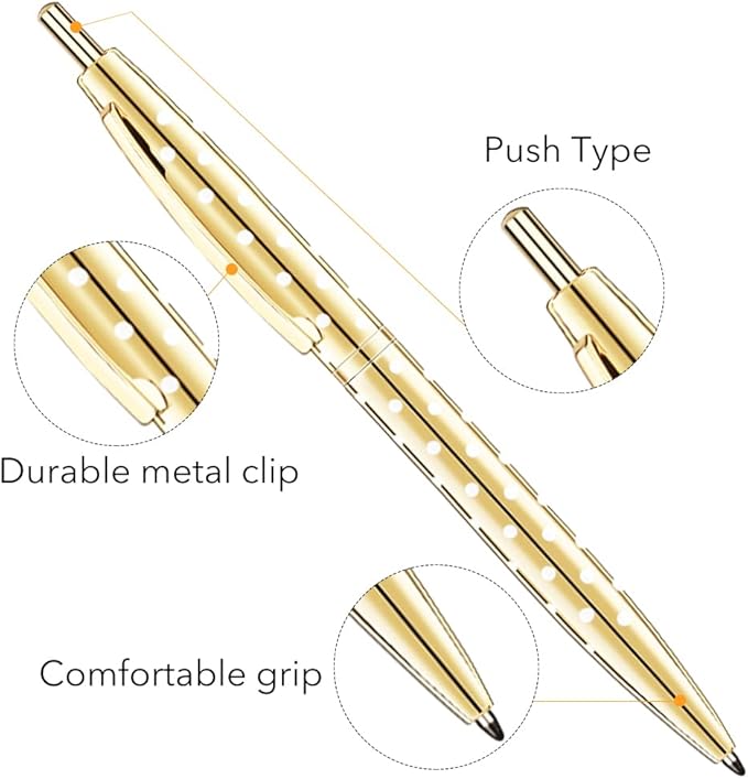 Unibene 6 Pack Cute Dot & Gold Click Ballpoint Pens -1.0mm Medium Point Black Ink with 6 Stainless Steel Refills for Business Office Students Teachers Wedding Christmas