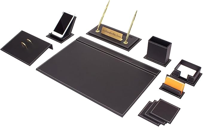 Leather Desk Set-Desk Office Accessories-Office Organizer- Home Office Accessories - Desk Supplies - Desk Storage Organizer -Desk Pad-Storage-12 Pieces -12 PCS (Black-WHITESEAM)