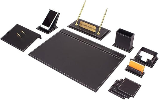 Leather Desk Set-Desk Office Accessories-Office Organizer- Home Office Accessories - Desk Supplies - Desk Storage Organizer -Desk Pad-Storage-12 Pieces -12 PCS (Black-WHITESEAM)