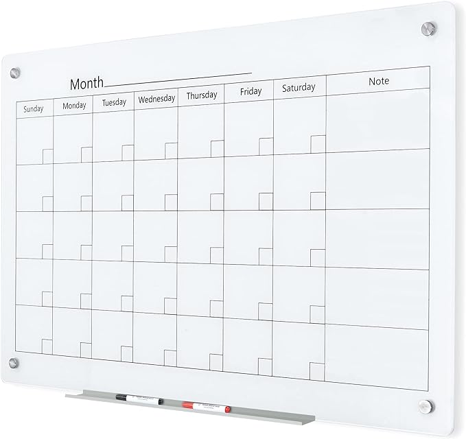 J&J worldwide Magnetic Whiteboard Calendar, 3' x 2' Glass Wall Calendar Dry Erase Board Monthly Planner for Home, School, Office, Frameless, with Markers, Marker Tray, Eraser, Magnets, 35 x 23 Inches