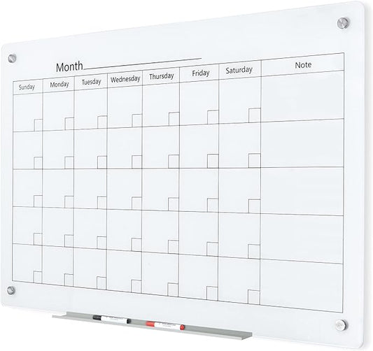 J&J worldwide Magnetic Whiteboard Calendar, 3' x 2' Glass Wall Calendar Dry Erase Board Monthly Planner for Home, School, Office, Frameless, with Markers, Marker Tray, Eraser, Magnets, 35 x 23 Inches
