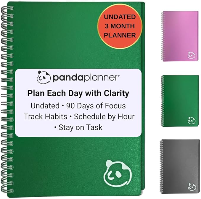 Panda Planner 2025-2026 Undated Daily Planner 5.75" x 8.25" – 90-Day Spiral Productivity & ADHD Planner with Hourly Schedule, Habit Tracker, To-Do List & Monthly Calendar – Panda Journal for Home & Office (Green)