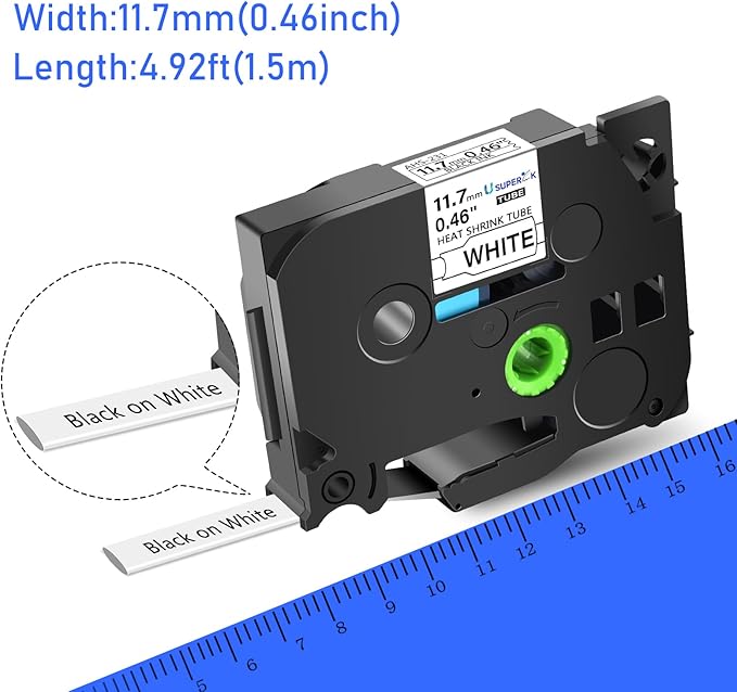 SuperInk 5 Pack Compatible for Brother Ptouch HSe-231 HSe231 HS-231 HS231 0.46 1/2'' 11.7mm Black on White Heat Shrink Tube Label Tape use in PT-D210 PT-D400 PT-E300 PT-E500 PT-P750WVP Label Maker