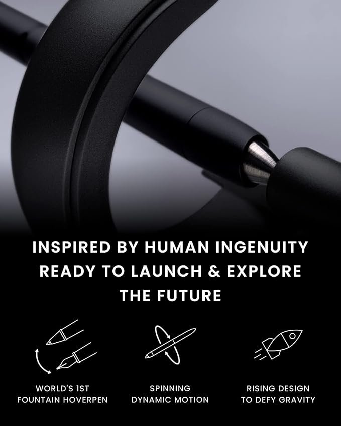 novium Hoverpen Future Edition - Luxury Metal Fountain Pen, Fine Nib, Futuristic Aesthetic, Free Spinning Executive Pen, Gift for Dad (Deep Black)