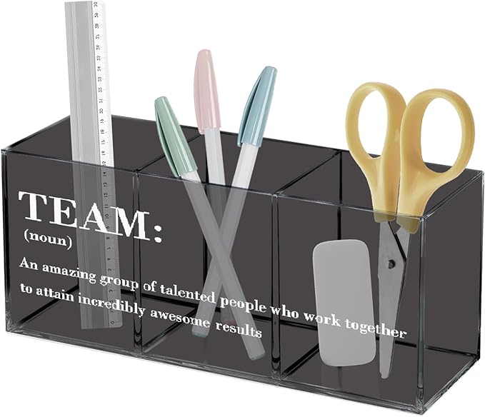 Teamwork Black Acrylic Pen Holder for Desk, Office Team Gifts, 3 Compartments, Decorative